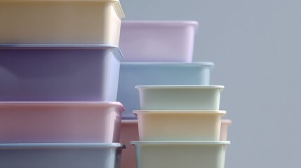Stack of six plastic containers of different colors - pink, purple, light blue, and light green.