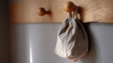 Small beige-colored bag hanging on a wooden hook attached to a white wall. the bag appears to be made of a soft fabric material and has a drawstring closure.
