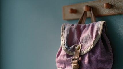 Pink backpack hanging on a wooden coat rack against a blue wall. the backpack is made of a textured fabric with a purple and white striped pattern.