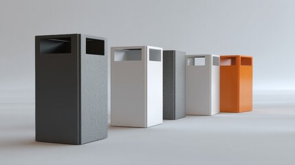 Group of five tall, rectangular trash cans of different colors - black, grey, white, and orange.