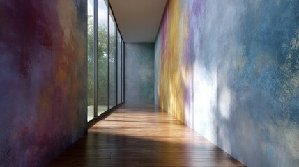 Long corridor with a wooden floor and large windows on the left side.