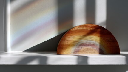 Wooden object, which appears to be a decorative piece, sitting on a white window sill. the object is oval-shaped and has a smooth surface.