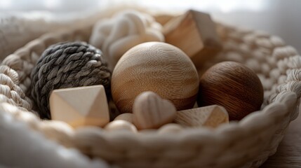 Close-up of a woven basket filled with various wooden objects. the basket is made of light-colored wood and has a woven texture.