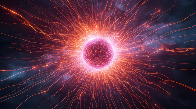 Vibrant energy sphere pulsates with dynamic fiery tendrils against a dark, cosmic backdrop, symbolizing power and innovation.