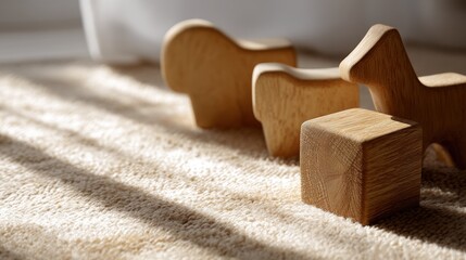 Three wooden toy figures of a horse and a cube on a beige carpet. the figures are made of light-colored wood and are arranged in a triangular formation.