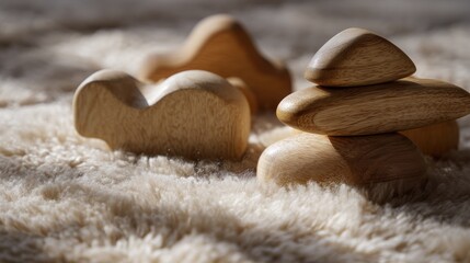 Group of wooden pebbles arranged in a pyramid-like formation on a white furry surface. there are six pebble stones in total, with the largest one in the center and three smaller ones on either side.