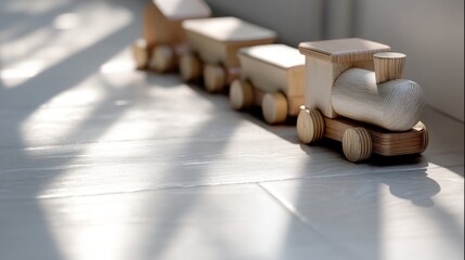Row of wooden toy trains on a white tiled floor. the trains are made of light-colored wood and have a smooth finish.