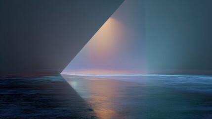 Digital art piece that appears to be a photograph of a sunset over the ocean. the sky is a gradient of blue and pink, with the sun setting in the background.