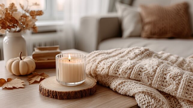 A calming scene featuring a lit candle surrounded by pine cones, leaves, and warm textiles, creating a cozy autumn atmosphere