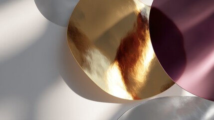 Abstract digital art piece with three overlapping circles. the circles are of different sizes and colors - one is gold, one is maroon, and one is silver.