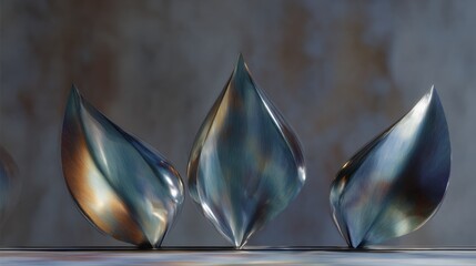 Three triangular-shaped objects arranged in a row on a reflective surface. the objects appear to be made of metal and have a shiny, metallic finish.