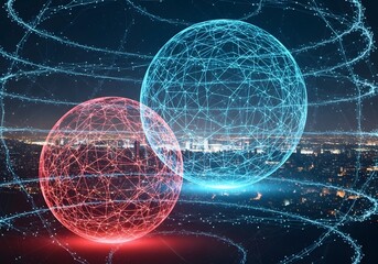 Abstract technology sphere with global network connection and cityscape background for digital transformation