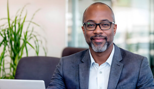 Confident African American man in a gray suit, smiling while seated at a desk with a laptop, surrounded by greenery, conveying professionalism and approachability in a modern office environment - Powered by Adobe
