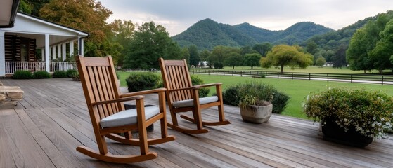 Fototapeta premium Wooden rocking chairs sit on a porch, providing a perfect view of rolling hills and trees as the sun sets in the background