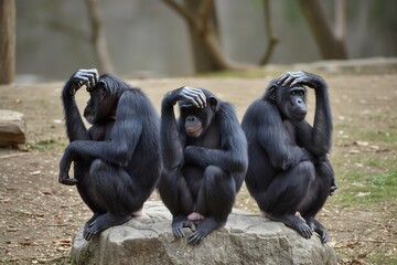 Three wise monkeys in a thinker’s pose sit on a stone and are thinking. Three monkeys sit silently on a stone, deep in thought.