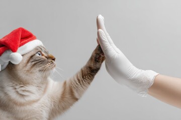 Cat Giving High Five to Veterinarian in Santa Hat – Clean Minimal Christmas Veterinary Scene. Vet Clinic Christmas Festive Poster