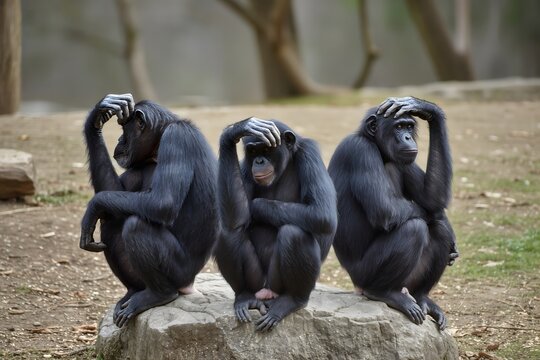 Three wise monkeys in a thinker&rsquo;s pose sit on a stone and are thinking. Three monkeys sit silently on a stone, deep in thought.