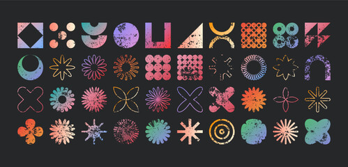 Brutalist geometric shapes, modern grunge symbols. Simple primitive elements and forms, distressed details. Retro design, aged, vintage, trendy contemporary minimalist style, y2k. Vector illustration