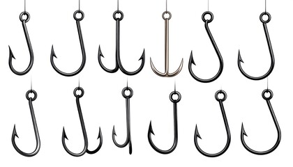 An assortment of fishing hooks, showcasing different styles and sizes, suspended against a blank white backdrop, offering a visual representation of angling tools
