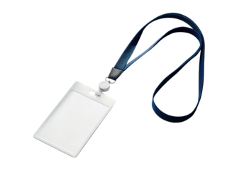 Blank name tag with blue lanyard isolated on transparent background, perfect for conferences, events, or security identification purposes