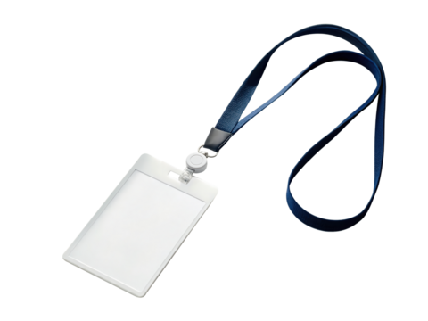 Blank name tag with blue lanyard isolated on transparent background, perfect for conferences, events, or security identification purposes - Powered by Adobe