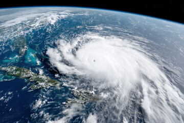 Powerful hurricane impacting Caribbean region captured from space showing immense storm clouds and ocean surface