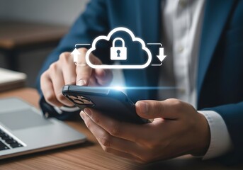 Businessman using smartphone with cloud computing security and data protection concept for business and personal information