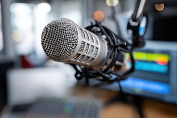 Close-up of a silver microphone on a broadcast desk during a live radio show in a modern studio setting