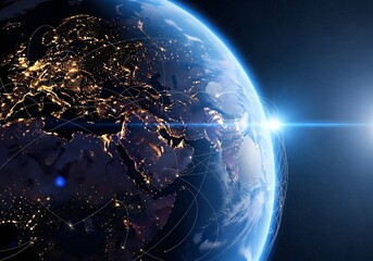 Earth from space at night with city lights and sunrise over asia, a beautiful view