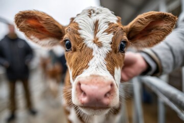 Close-up of a curious young calf with brown and white markings in a farmyard setting on a cloudy day