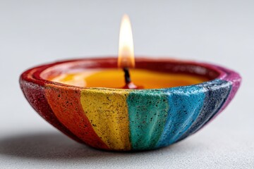 A colorful bowl made of clay holds a lit candle that flickers gently
