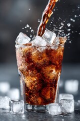 Refreshing cold drink filled with ice cubes poured in a glass on a dark background