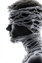 Portrait of a young man wrapped in string against a bright background showcasing emotion and vulnerability