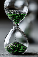 Hourglass filled with binary code and metallic beads creates a striking visual of time and technology