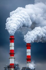 Smoke billows from industrial chimneys against a dark cloudy sky in a power plant setting