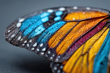 Stunning close-up of a butterfly wing showing vibrant colors and water droplets