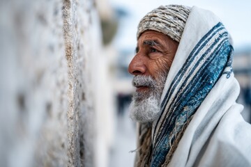 Elderly man praying at the Western Wall in Jerusalem during the early morning hours of a calm day