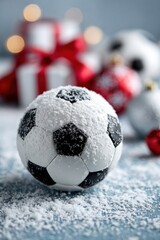 Winter soccer ball covered in snow with festive decorations in the background for a holiday celebration
