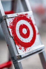 Painted target symbol on wooden ladder in outdoor setting during overcast day