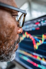 Investor analyzing stock market trends on a digital display in an office setting during the business day
