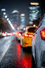 Nighttime city street scene with cars and glowing buildings in rain