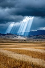 Rays of sunlight break through dark clouds over golden fields in a serene landscape