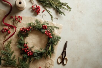 Christmas DIY Wreath Workshop Flat Lay: Pine Branches, Red Berries, and Ribbon on Kraft Paper. Christmas Poster with Empty Space for Text or Branding