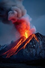 Volcano erupts spectacularly with lava and ash at twilight creating a stunning natural display of power and beauty