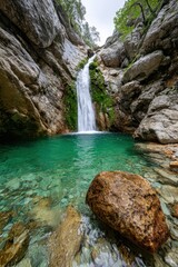 Scenic waterfall cascading into crystal clear water surrounded by rocky cliffs and lush greenery