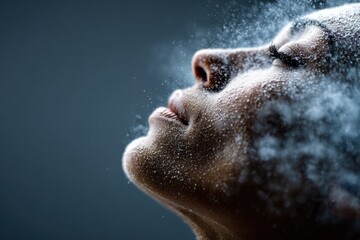 Woman's serene expression as water droplets cascade on her face, highlighting beauty and tranquility in a soft-focus setting