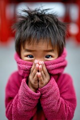Child in a cozy pink jacket covers face with hands in winter setting near red structures