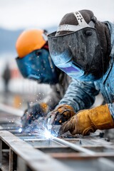 Welders create sparks during a construction project in a scenic outdoor location
