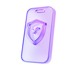 3d glass holographic mobile phone and security shield with check mark render. Purple gradient icon of safety technology, antivirus app, information data protection for smartphone