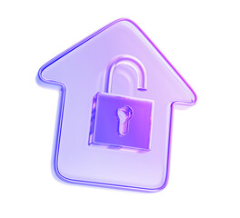 3d holographic glass morphism house icon with open padlock render. Concept of privacy protection, insurance, smart home security system. Gradient building logo with unlocked lock